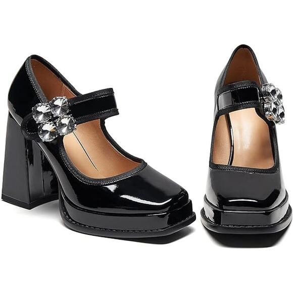 Women's Black Mary Jane Pumps Low-Cut High-Heeled Dress Shoe Square Toe SZ 9 - Picture 2 of 7